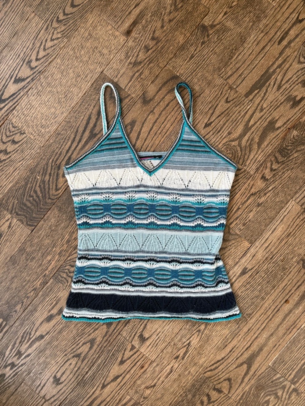 Striped Knit V-Neck Spaghetti Strap Tank Top in Teal and White